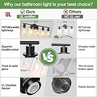 Vista 2 de Accesorios de iluminación de baño de 5 luces, luces de tocador modernas negras con pantalla de vidrio transparente, lámpara de pared de baño