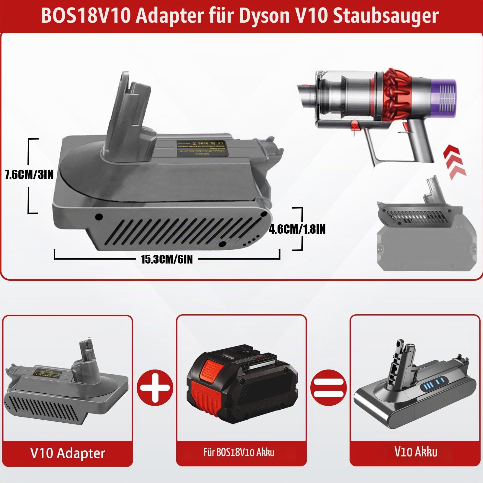für Dyson V10 Akku Adapter für Bosch 18V GBA Akku auf für Dyson V10 Akku Cyclone V10 Animal V10 Absolute V10 Motorhead V10 Fluffy V10 Total Clean SV12 kabellos Staubsauger Einfach Montage V10