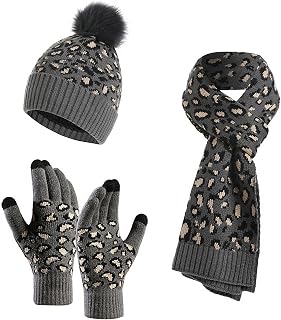 Hat Scarf Gloves Set for Women, 3 in 1 Winter Warm Knitted Beanie Hat Snow Knitted Touch Screen Gloves and Scarf Set