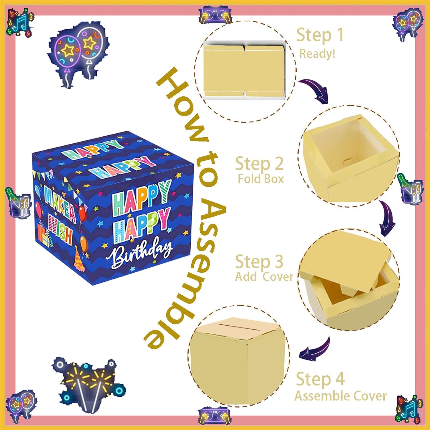 Rxwstt Birthday Box for Cash Gift, Money Roll Gift Box for Cake Pull Out Kit with Cards Money as Money Bouquet, Surprise Birthday Money Pull Box Explosion for All Age Group with Instruction Book