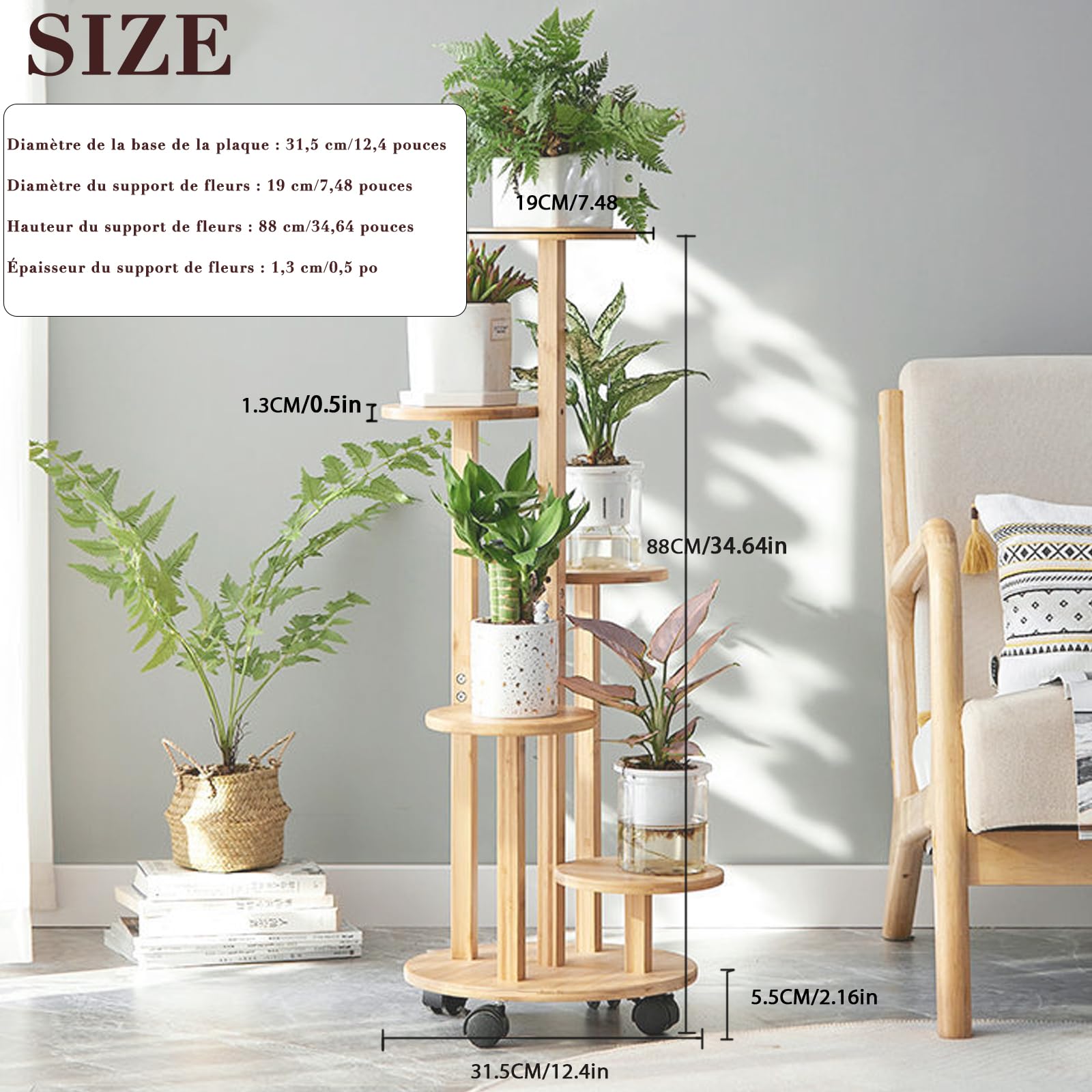 Support de plantes d'intérieur à roulettes, 5 niveaux en bambou pour plantes d'intérieur, Support pour plantes, Diamètre du châssis : 33 cm（Couleur bois）