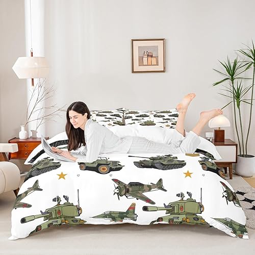 Manfei Juego de funda de edredón con temática de guerra, tamaño individual, juego de ropa de cama de tanques de aviones de 2 piezas para decoración
