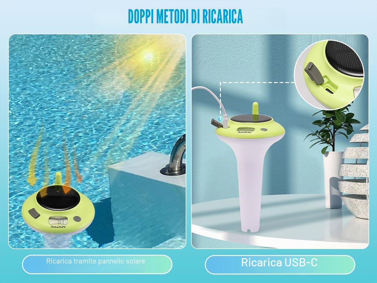 Raddy PT-5 Wi-Fi Termometro per piscina, Console interna, APP monitoraggio remoto tramite, IPX8, ricaricabile tramite energia solare e USB-C, per piscina, vasca idromassaggio, Stagno