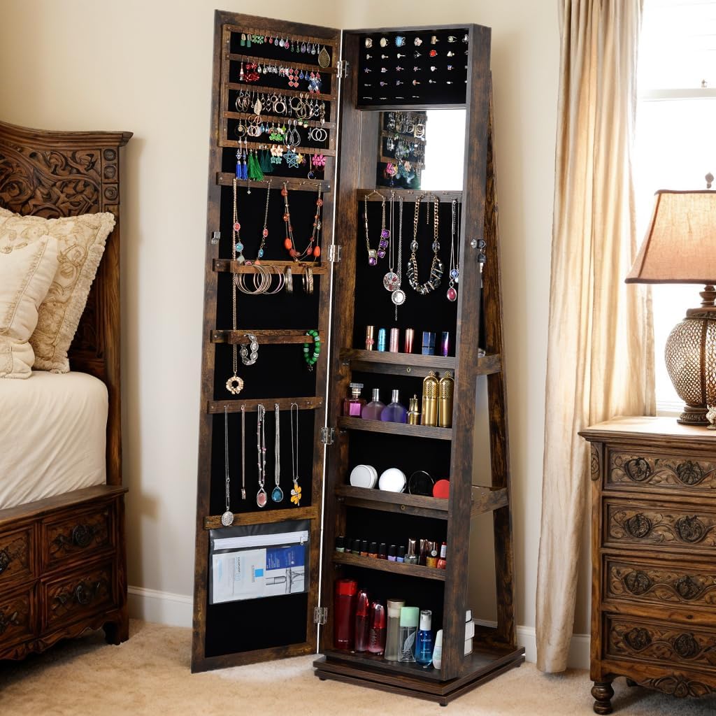 mirror jewelry armoire inside view showing hooks and earring slots
