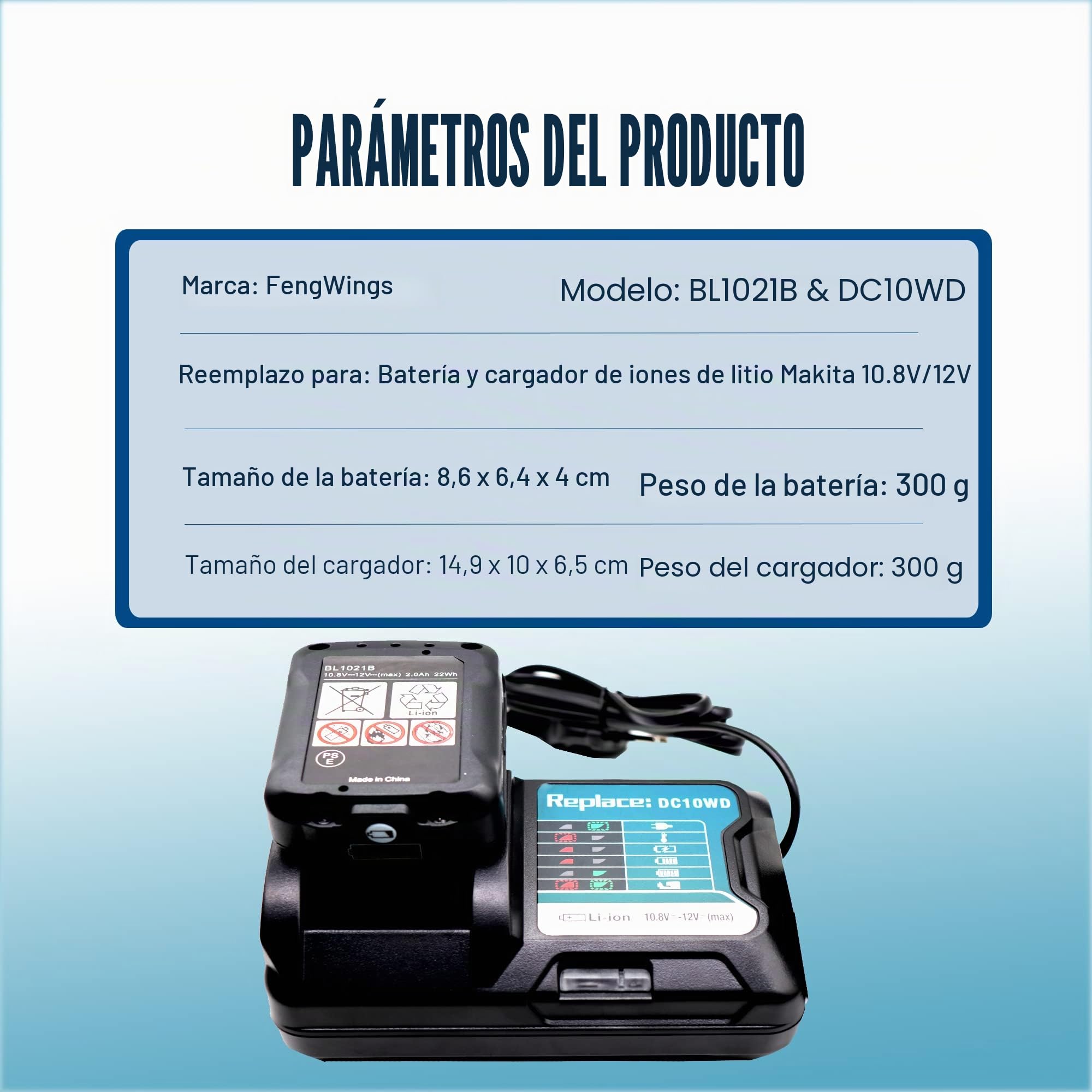 BL1021B 2PCS 2,0A 12V Batería con Cargador DC10WD, Compatible con Makita CXT BL1041B BL1020B BL1021B BL1015 BL1016, Compatible con Makita DF031D DF0331D TD110D JR103D DC10SB DC10WC