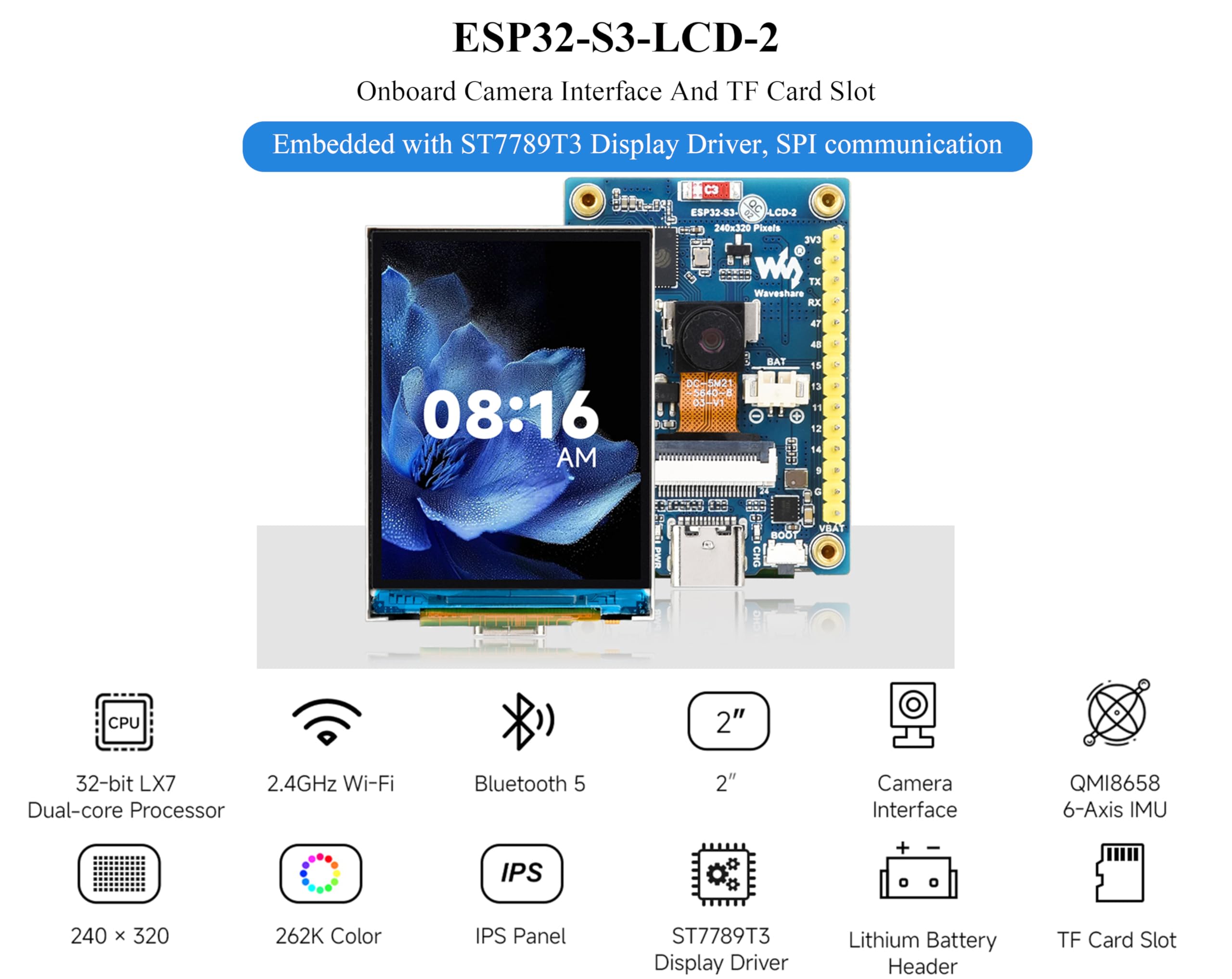 Scheda Di Sviluppo Waveshare 2" ESP32-S3 Con Display IPS 240x320, Fotocamera OV5640 Inclusa, WiFi E BT