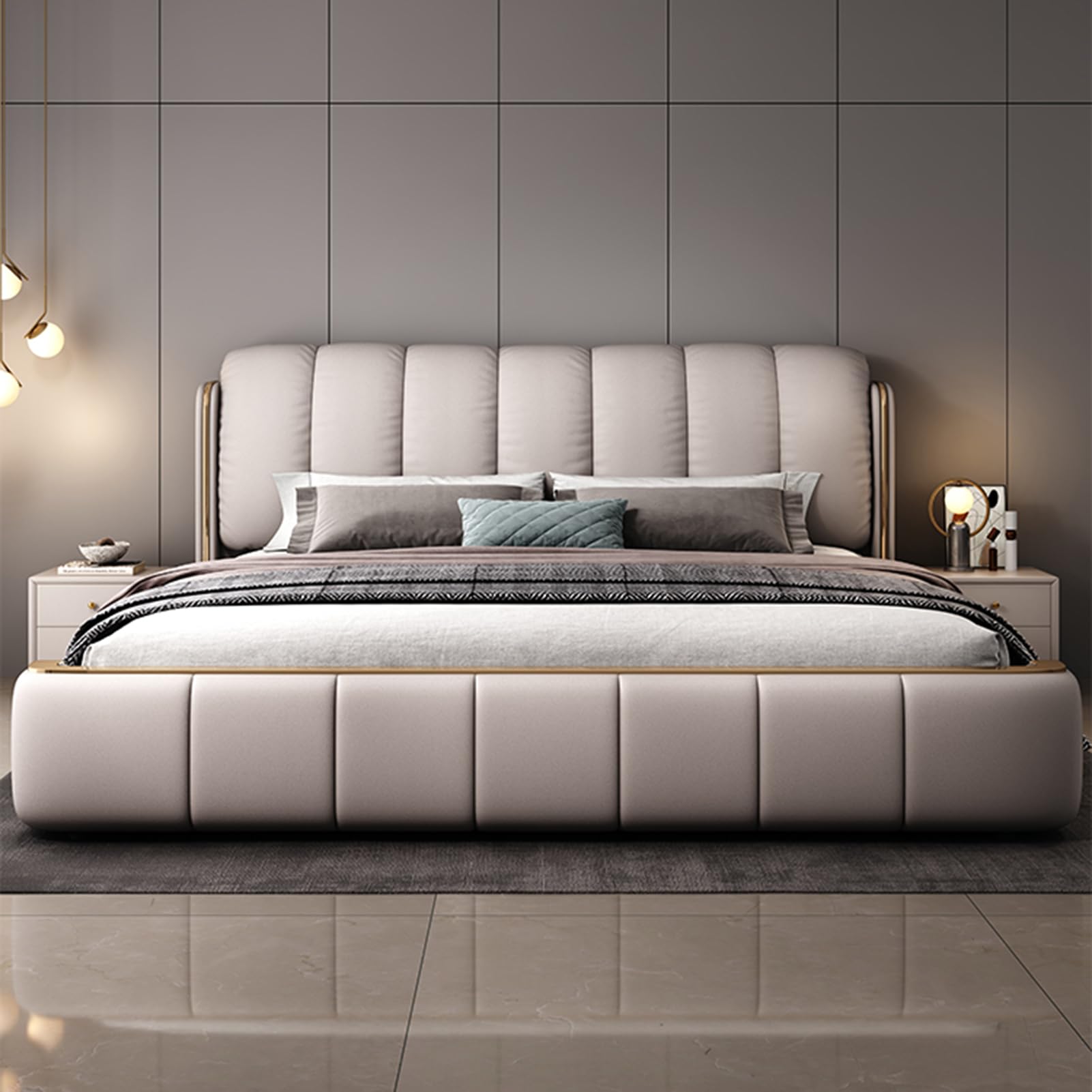 King Size Genuine Leather Wood Bed Upholstered Platform Bed Frame with Headboard and Drawers Wooden Slats Support No