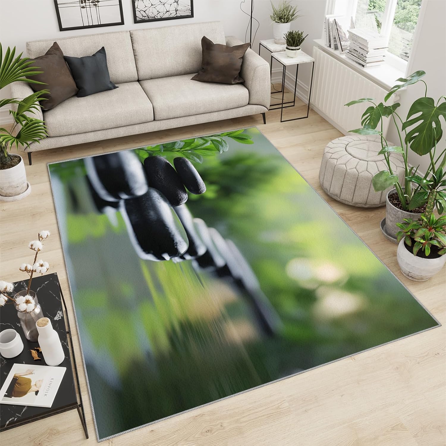 Spa Stone Carpet - Kitchen Rug 2x3 - Green Plants Rugs for Bedroom Secluded Scene Design - Soft & Non Slip & Washable Rugs for Living Room - Zen Decor