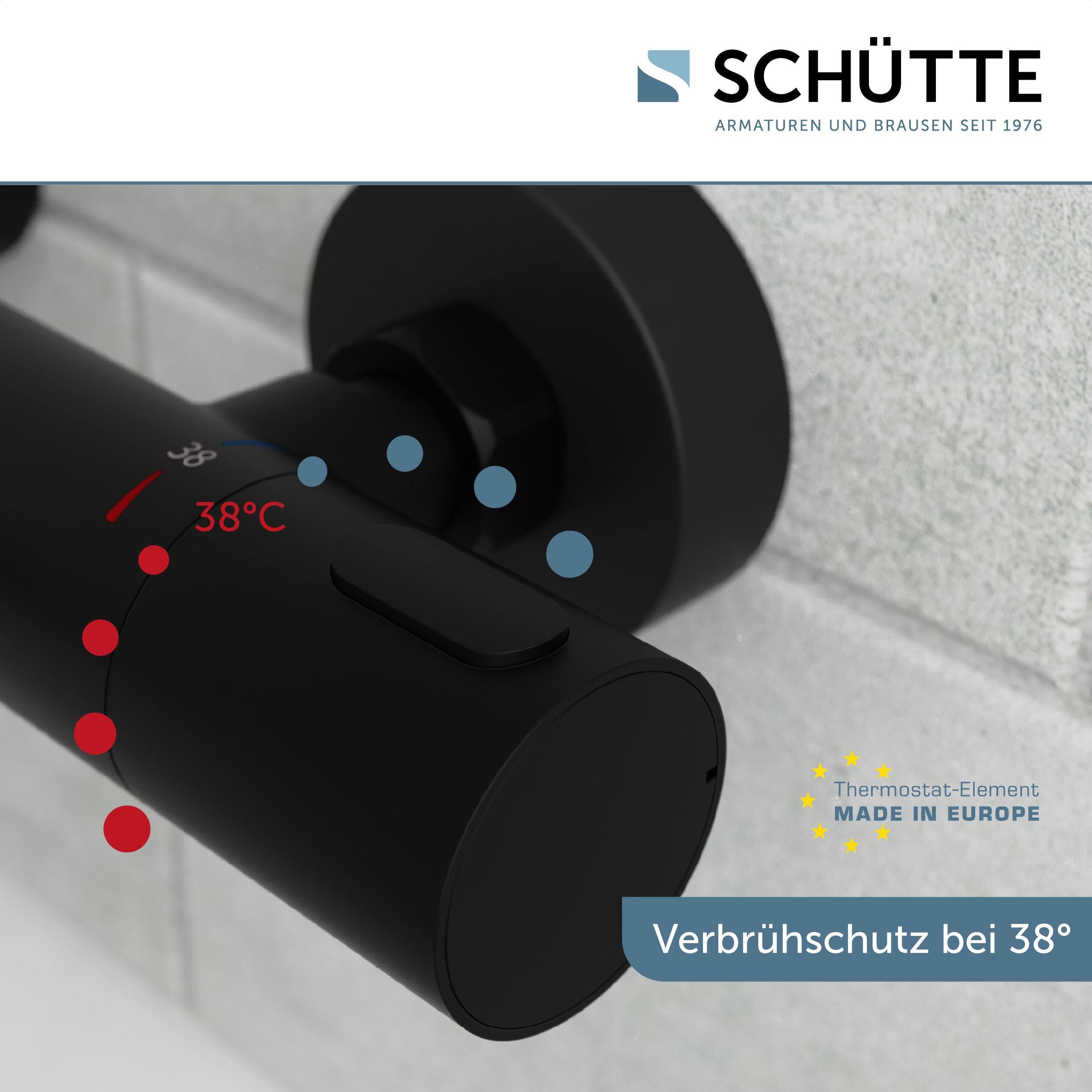Schütte 33196 Badewannenarmatur Los Angeles mit Thermostat, Wannenarmatur Wannenthermostat mit Verbrühschutz bei 38℃, Mischbatterie Wasserhahn Armatur für Badewanne, Schwarz
