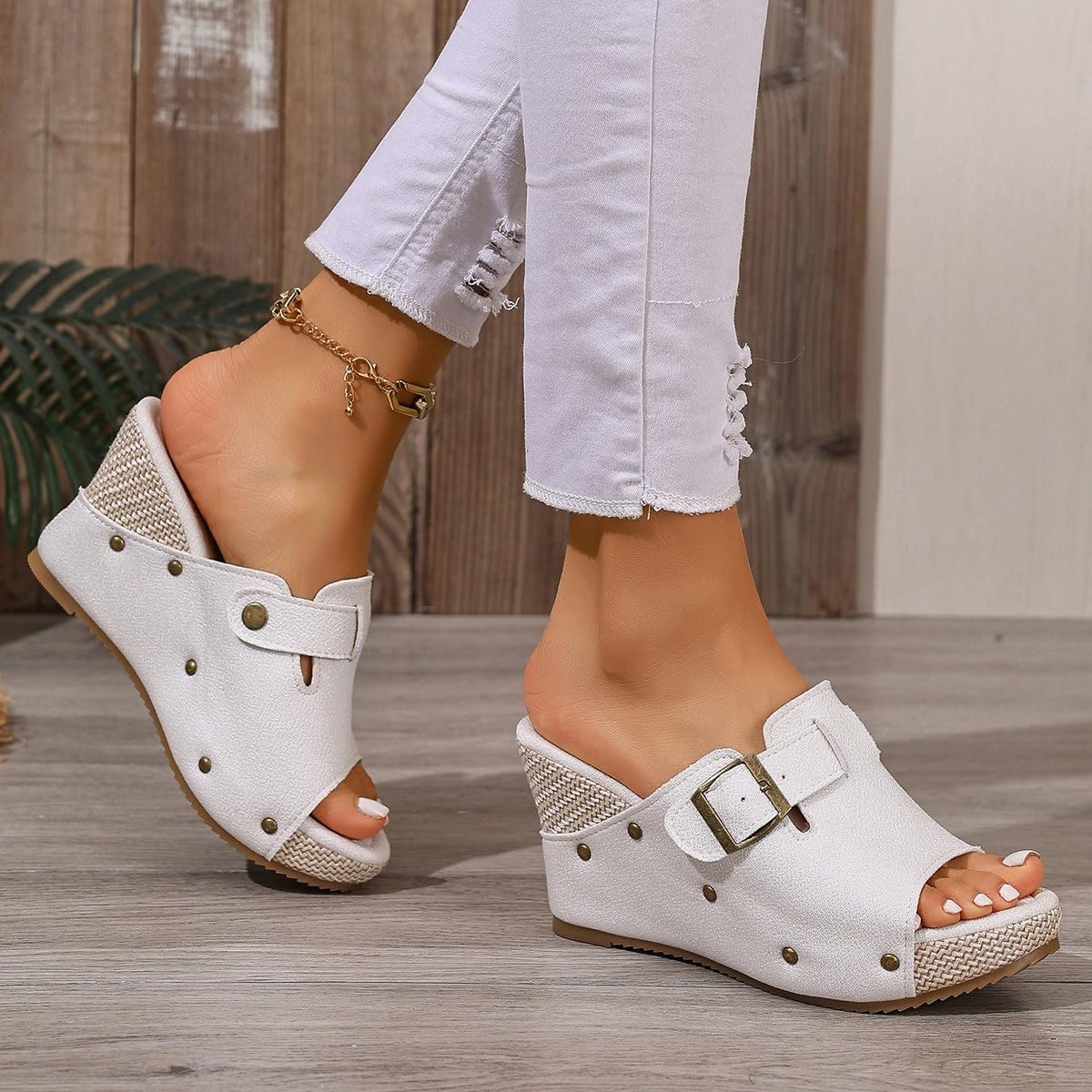 Sandalias de cuña para mujer, elegantes, de verano, alpargatas con puntera abierta, tacón de cuña, hebilla y correa al tobillo, de corcho, tacón bajo, zapatos de cuero