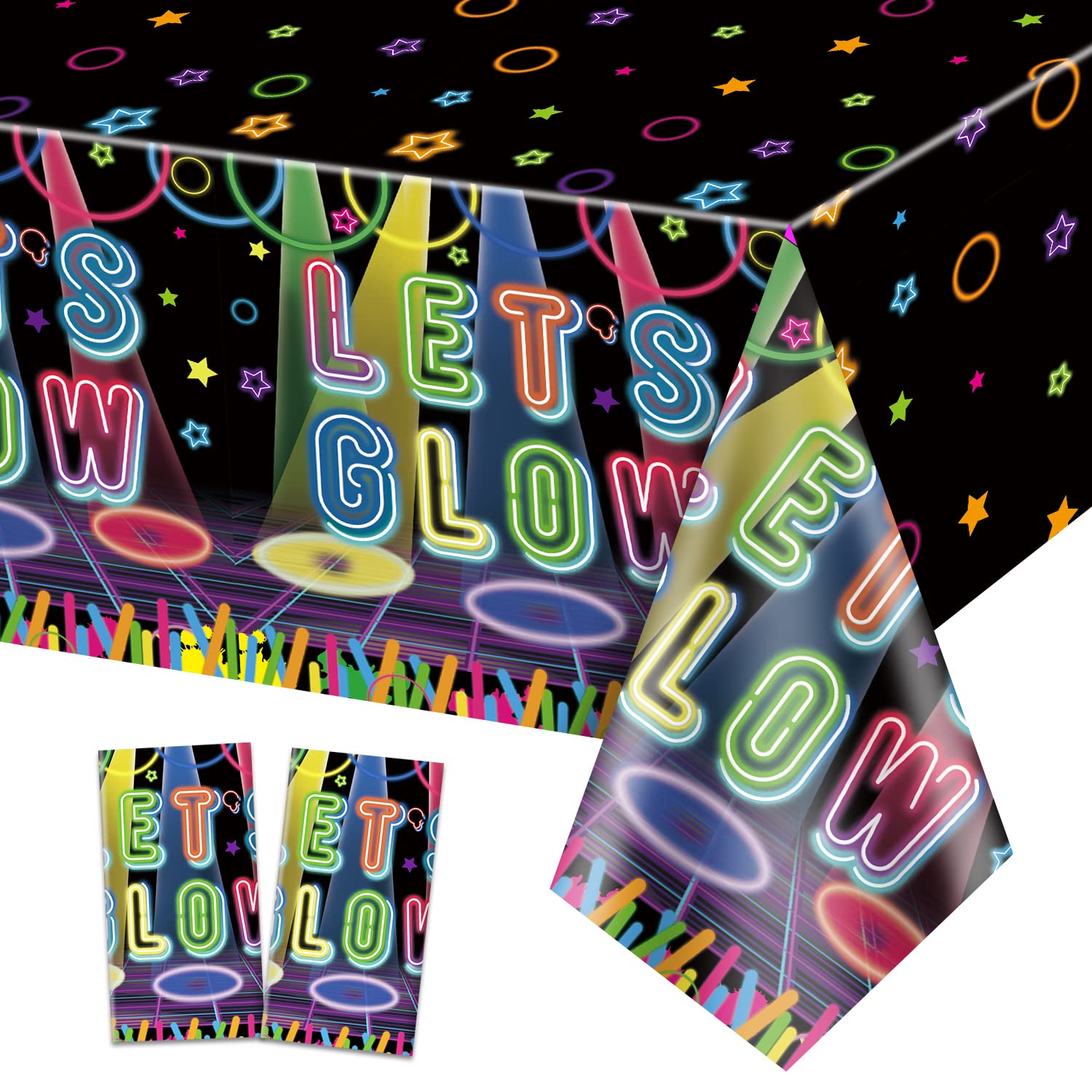 QUERICKY 2 Pack Let's Glow Party Tablecloths, 220x130cm Glow Table Covers Let's Glow Tablecloth for Let Glow in the Dark Party Decorations, Glow Neon Birthday Party Supplies