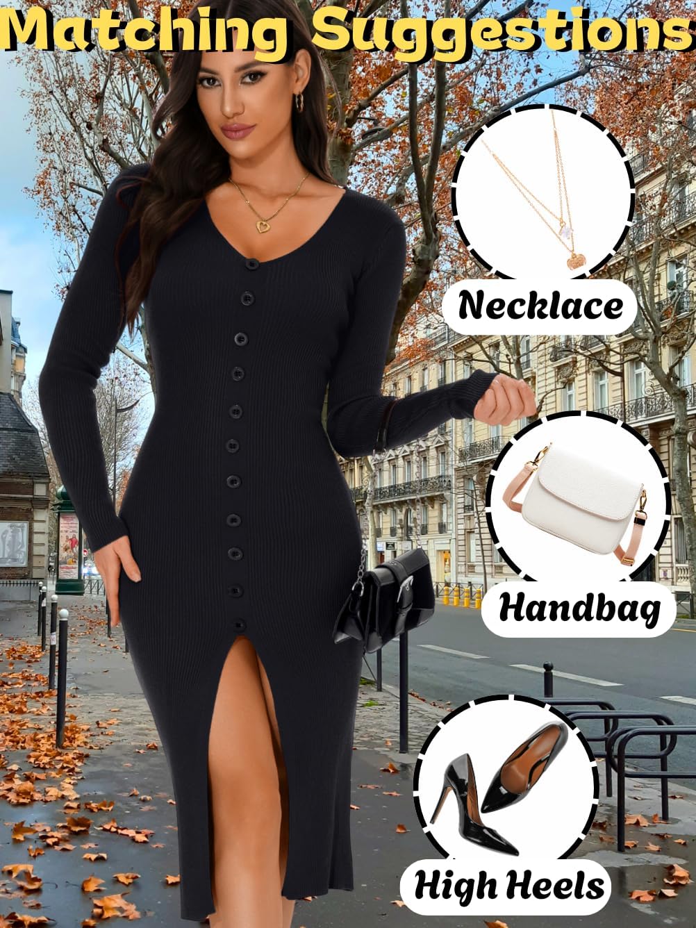 Women Sexy Midi Sweater Dress Bodycon, Ribbed Knit Deep V Long Sleeve,Fall Winter Casual Outfit Holiday Party Dresses - Image 5