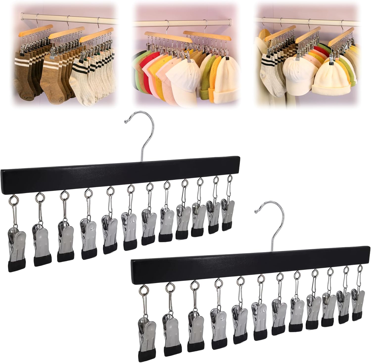 Closet Organizer with 12 Clips, 2026 New Space Saving Hanging Closet Organizer, Hat Scarf Clothespins for Legging Jeans Skirts Socks Pant Hangers (Black-12 Clips, 2 Pcs)