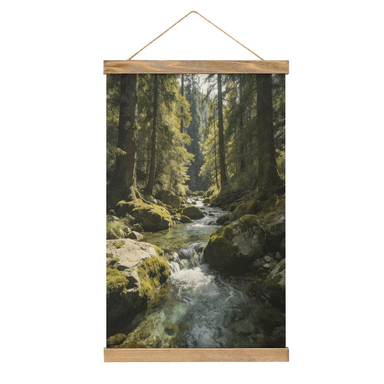 VstaDank Green Valley Stream Waterfall Hanging Poster with Wooden Frame Modern Linen Hanging Painting Retro Style Wall Decor Art Painting for Living Room,Bedroom Decor Poster Frame 20.4x13.1inch