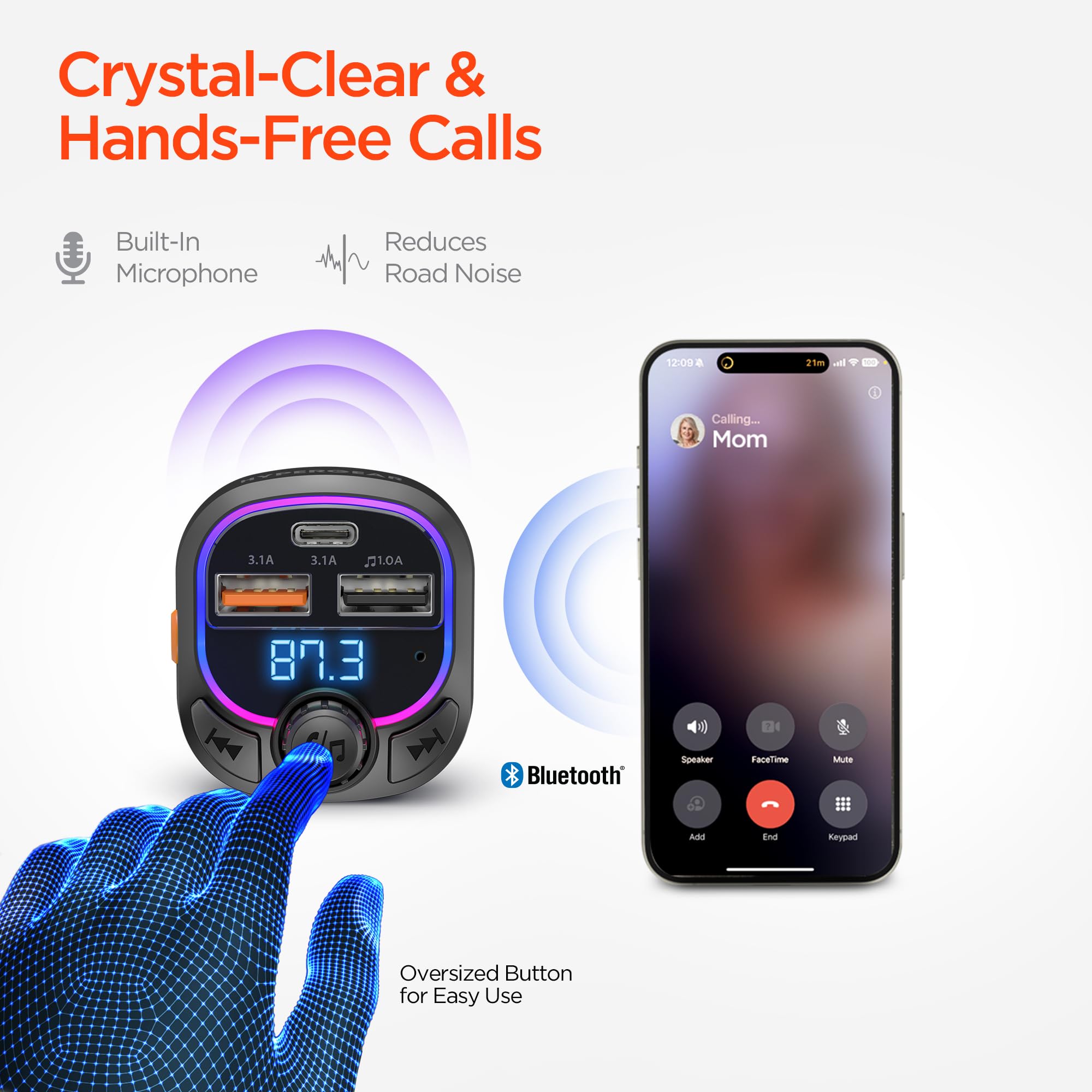 HyperGear IntelliCast Road FM Transmitter Charger with 15W USB-C, Play The FM Radio & Charge 3 Devices at Once [Music Streaming, Hands-Free Calls, Voice Assistant & GPS Directions] Black - 15857