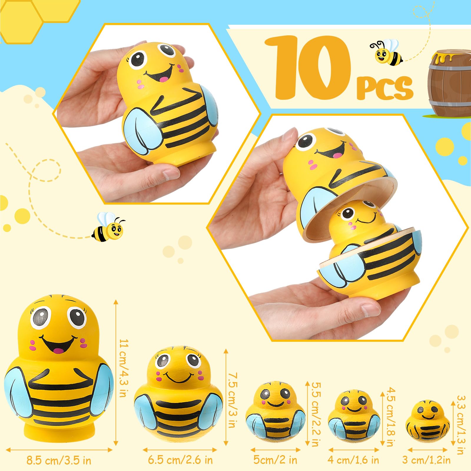 Seenelling 10 Pcs Wooden Yellow Bee Handmade Russian Nesting Dolls Toys Animal Russian Cute Nesting Dolls for Home Decor Birthday Gift Bee Festival