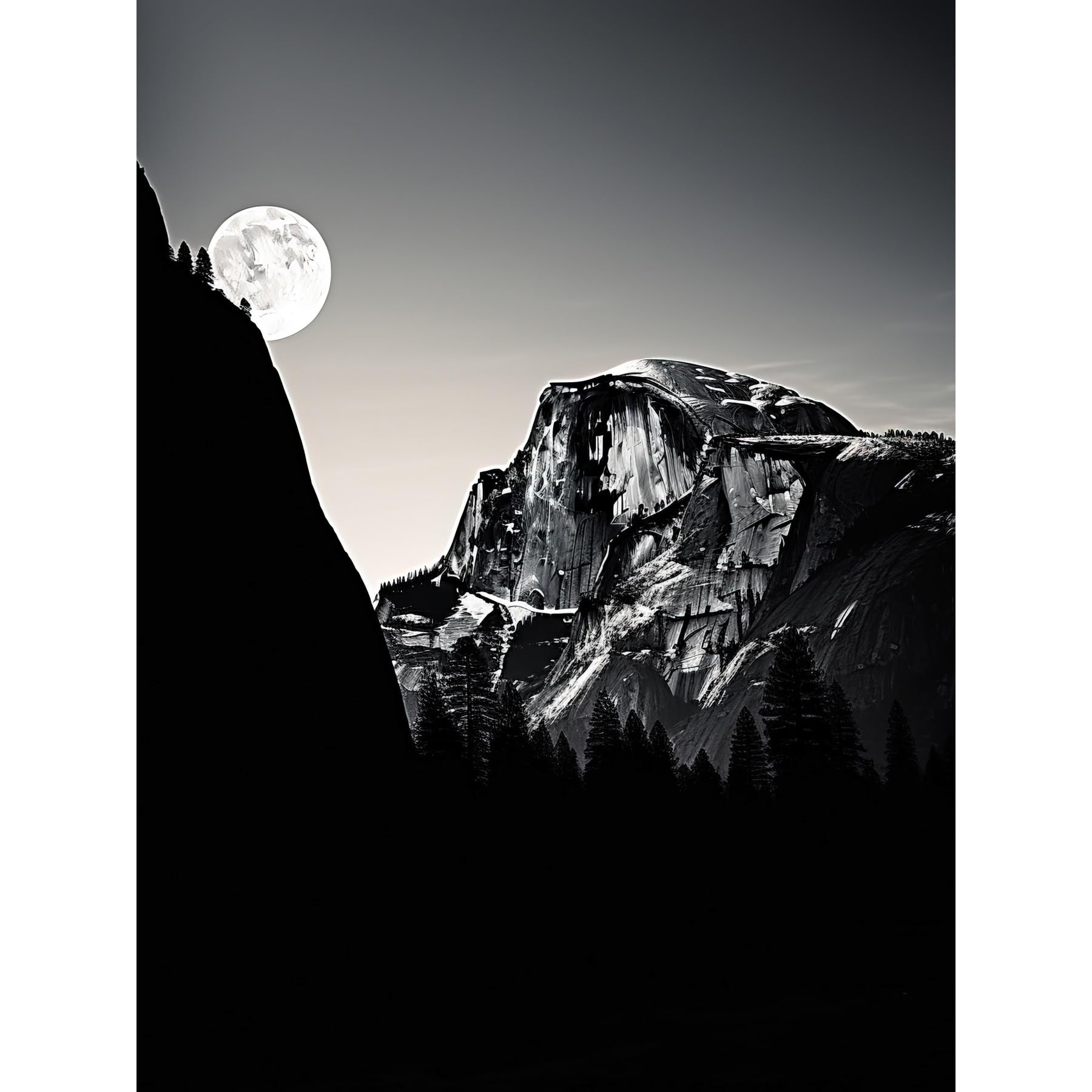 Artery8 Moonrise by Half Dome in Yosemite National Park High Contrast Black White Photograph Full Moon and Mountain Forest Landscape Large Wall Art Poster Print Thick Paper 18X24 Inch
