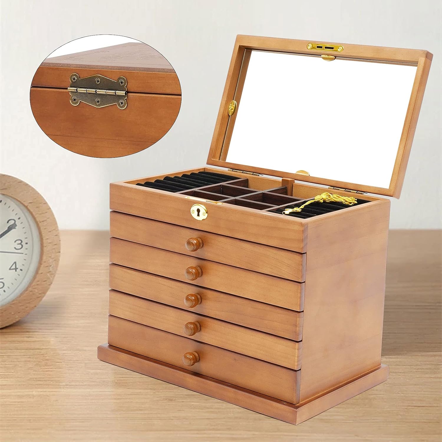 LOYALHEARTDY 6 Layers Large Wooden Jewelry Box Drawer, Jewelry Case Cabinet with Mirror and Lock Ring Necklacel Earrling Bracelet Organizer Storage Display Box Gift for Woman or Girl