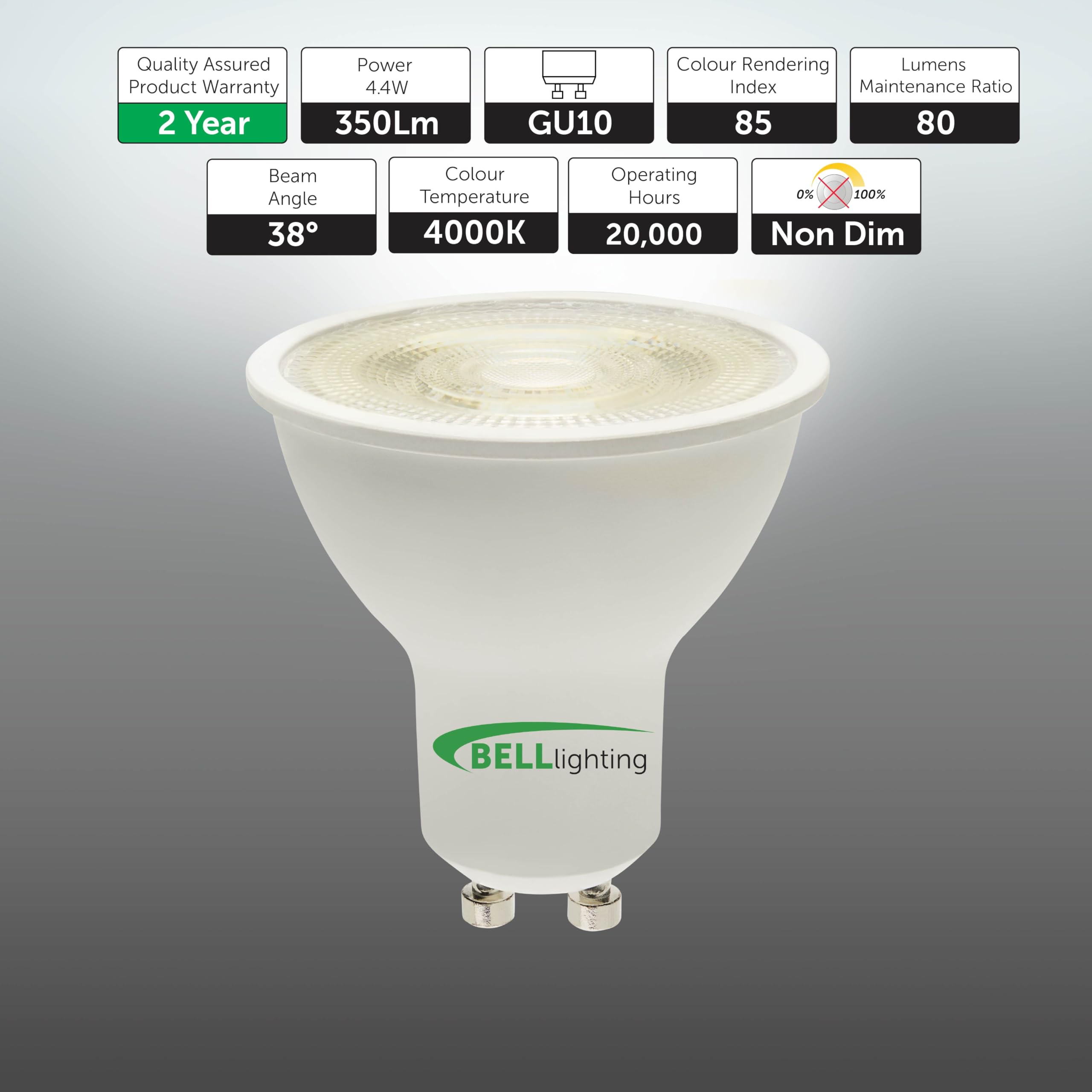 BELL Lighting GU10 LED Spotlight Bulbs 5 Pack Natural White 4000K 350lm 4.4W Energy Saving Lightbulbs 40W Equivalent 38 Degree Beam Two Pin Twist Lock Non Dimmable for Ceiling Kitchen Downlights - Image 2