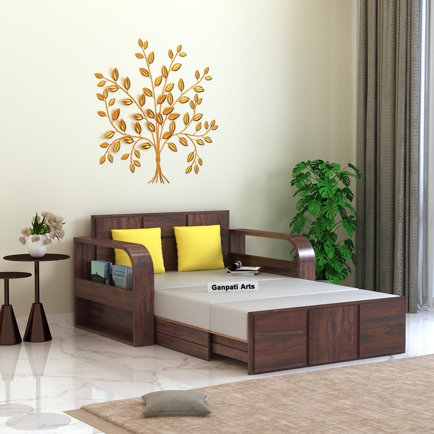 Ganpati Arts Solid Sheesham Wood Two Seater Scott Sofa Cum Bed With Headboard And Mini Storage For Home Living Room (Walnut Finish), 2 Seater