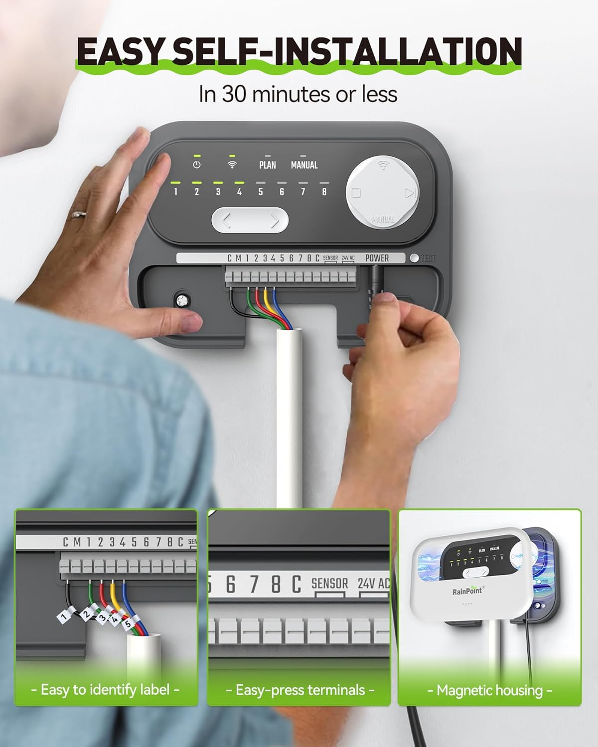 A RAINPOINT irrigation controller mounted on a wall with a soil sensor placed in the ground, showing water savings up to 50%.