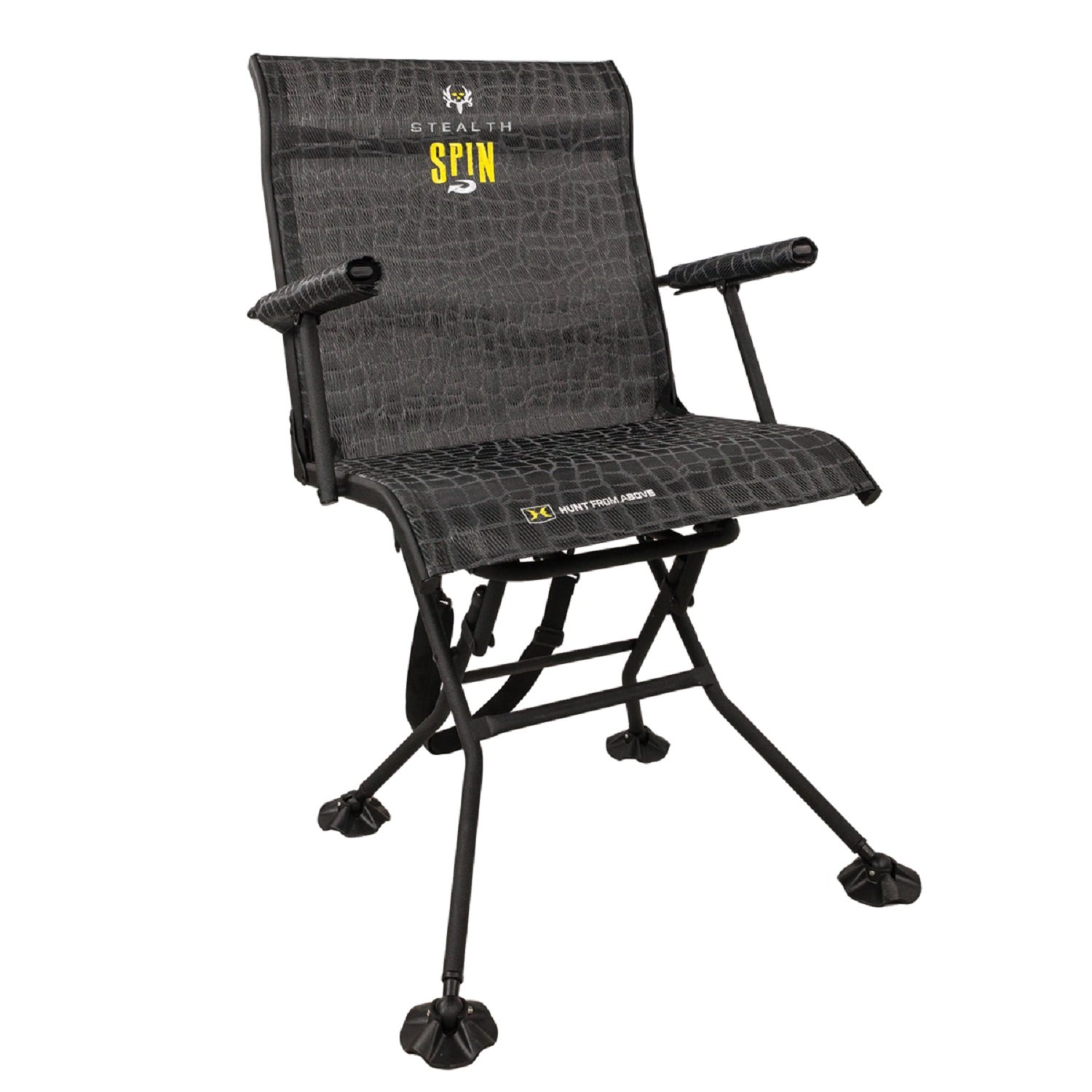 HawkStealth Spin Chair - Silent, Comfortable, Swiveling, Portable Chair for Camping, Hunting, Fishing, Backpacking, and More (Bone Collector Edition), Black, 25" D x 24.75" W x 24.75" H