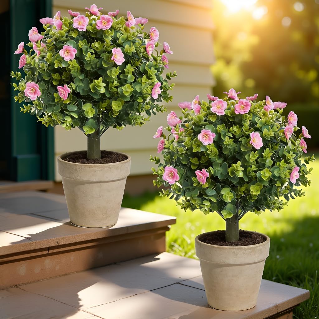 Artificial Pink Tea Blossom Shrubs 50cm High UV Protection for Indoor Outdoor Offices Living Room Bedroom Garden 2 Plants