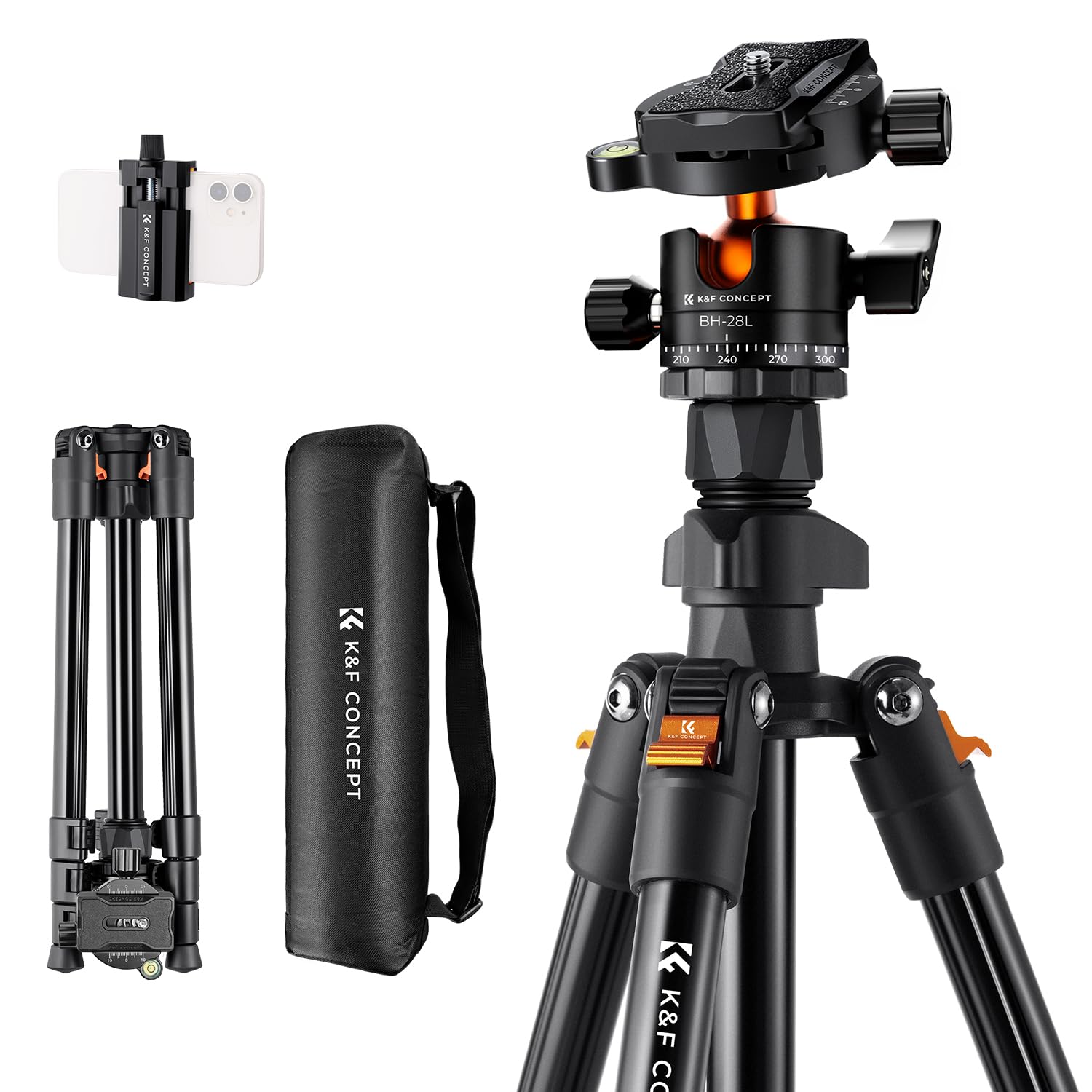 K&F CONCEPT Tripod,Lightweight Aluminum Travel Outdoor Camera Tripod with Metal Ball Head Load Capacity 10kg/20lbs,Quick Release Plate,Phone Holder, Compatible with Canon Nikon Sony DSLR Cameras