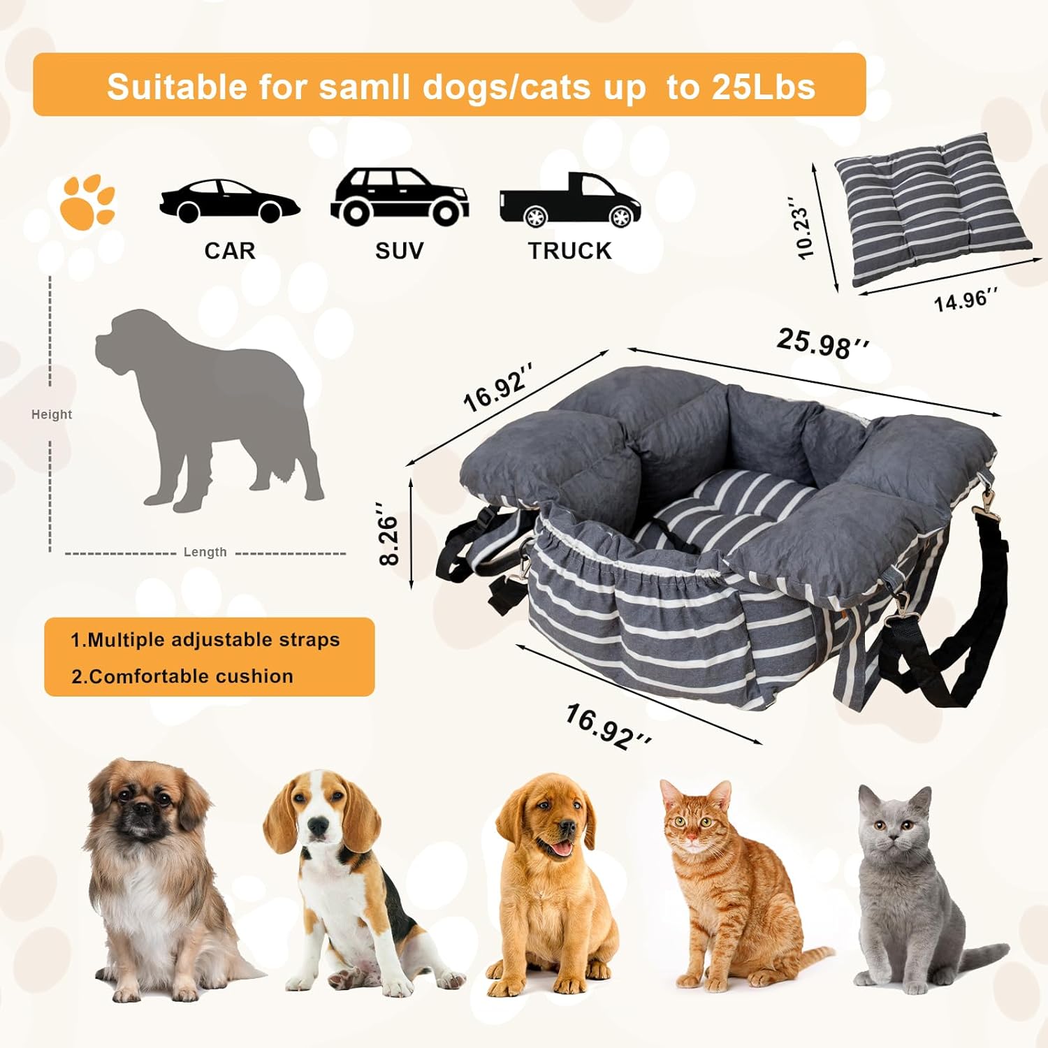 Small Dog Car Seats Washable Dog Booster Seat for Car Clip-On Leash and Cushion with Storage Pockets Under 25lbs Portable Travel Pet,Black with Handle