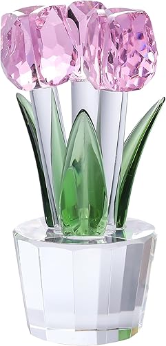 Qianwei Figura de flores de tulipanes de cristal rosa con jarrón Ramo de flores de cristal, figuras coleccionables, decoración de cristal para