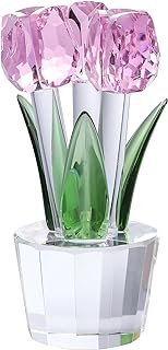 Qianwei Crystal Tulips Flowers Figurine Pink with Vase - Glass Flower Bouquet Collectible Figurines Crystal Office Home Decor Paperweight - Tulip Gifts for Women Mom Bestfriend Wedding Anniversary