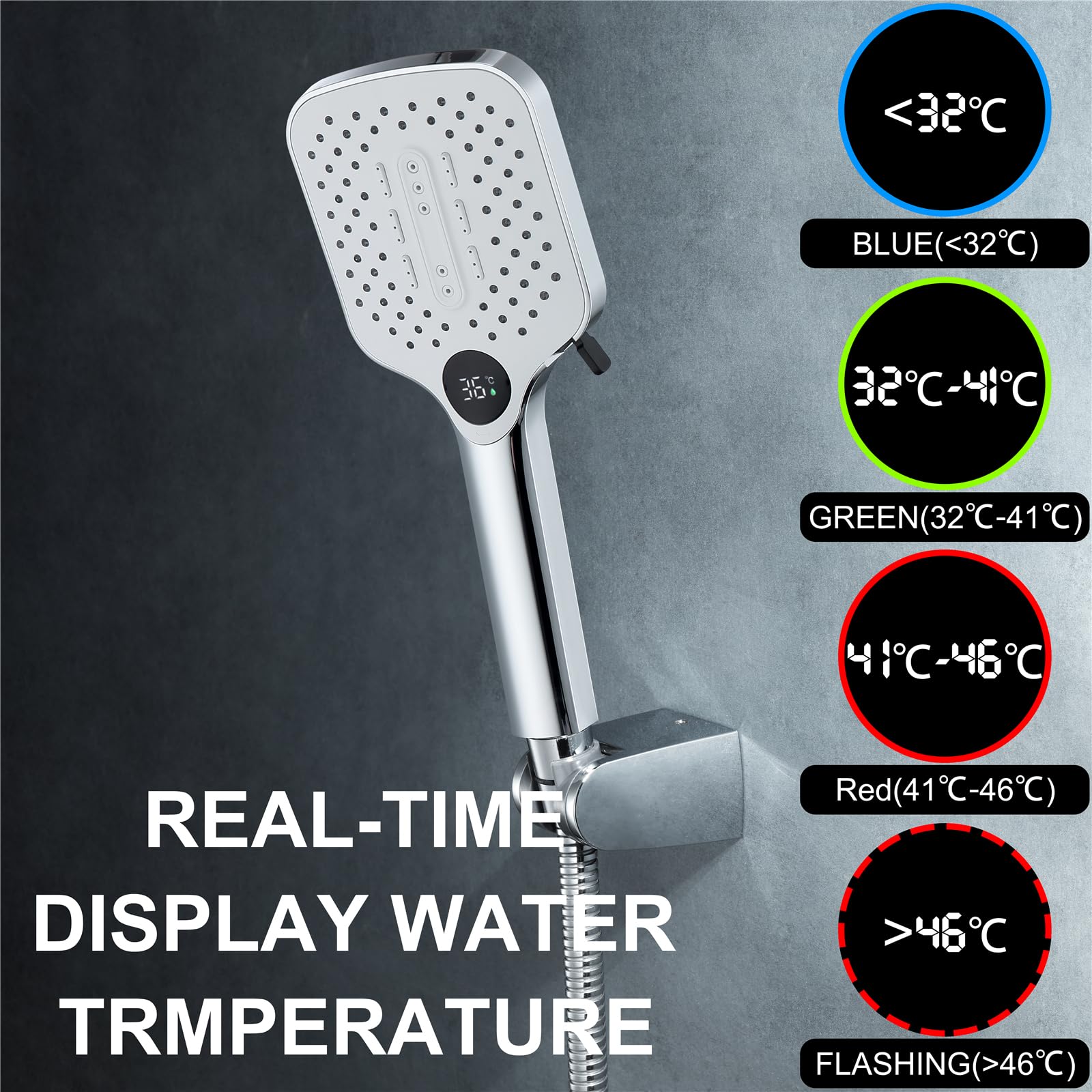 Cabezal De Ducha LED Con Pantalla De Temperatura,Ducha De Mano ABS Con 2 Modos,Ducha De Mano Ajustable Montada En La Pared Con Manguera De 59" Y Soporte De Ducha