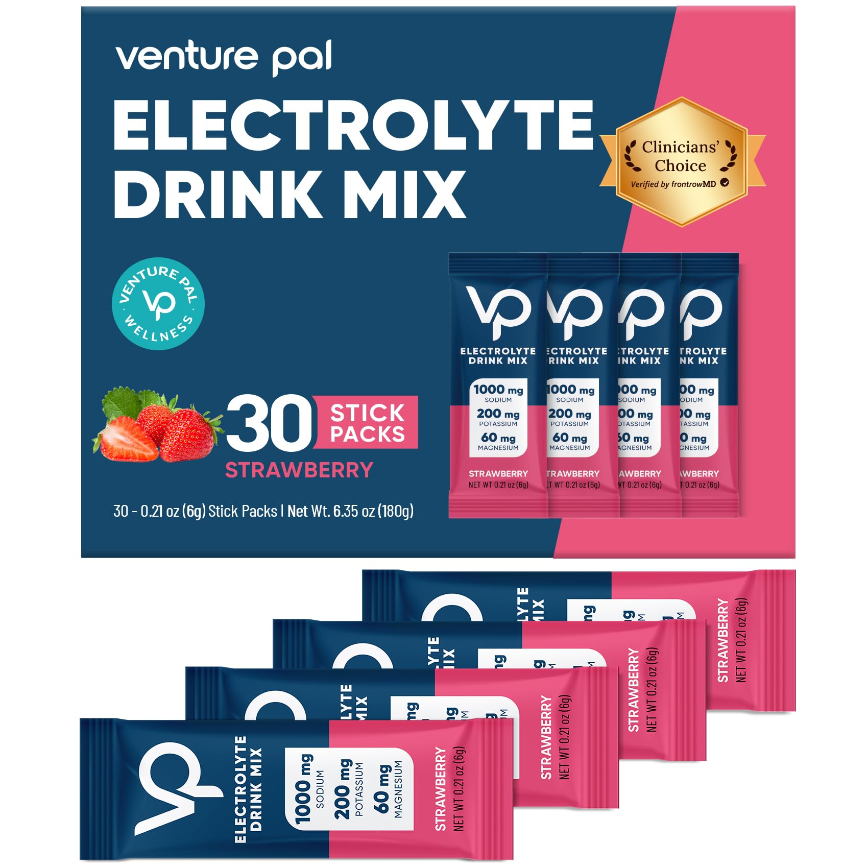 Venture Pal High Sodium Sugar Free Electrolytes Powder Packet - Hydration Packets with Vitamin, Sodium & Potassium | Zero Calories | Vegan, Keto & Paleo Friendly Electrolyte Drink Mix - 30 Sticks