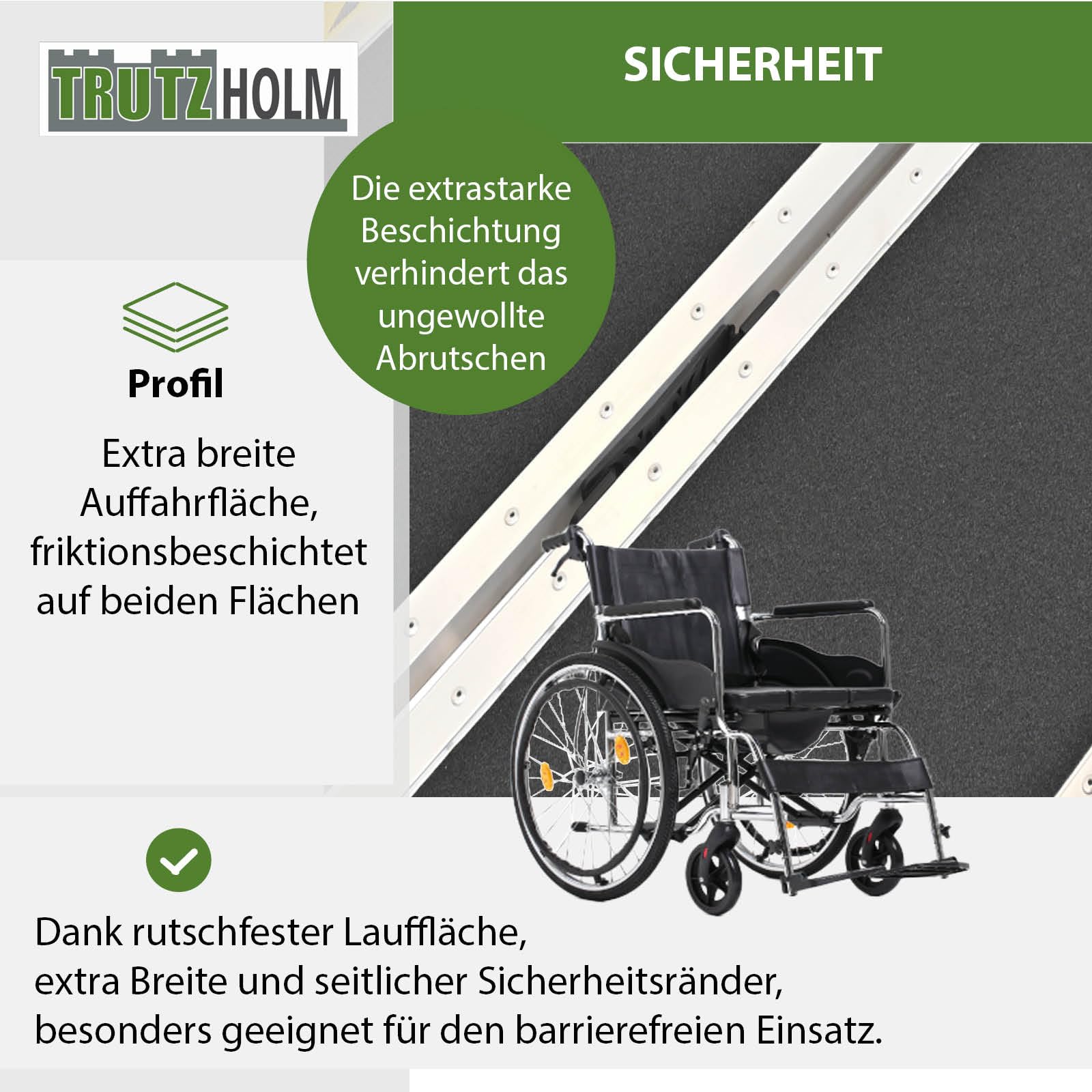 TRUTZHOLM Rollstuhlrampe 1-Fach klappbar 213 cm Traglast 272 kg Alu grau schwarz beschichtet Auffahrrampe