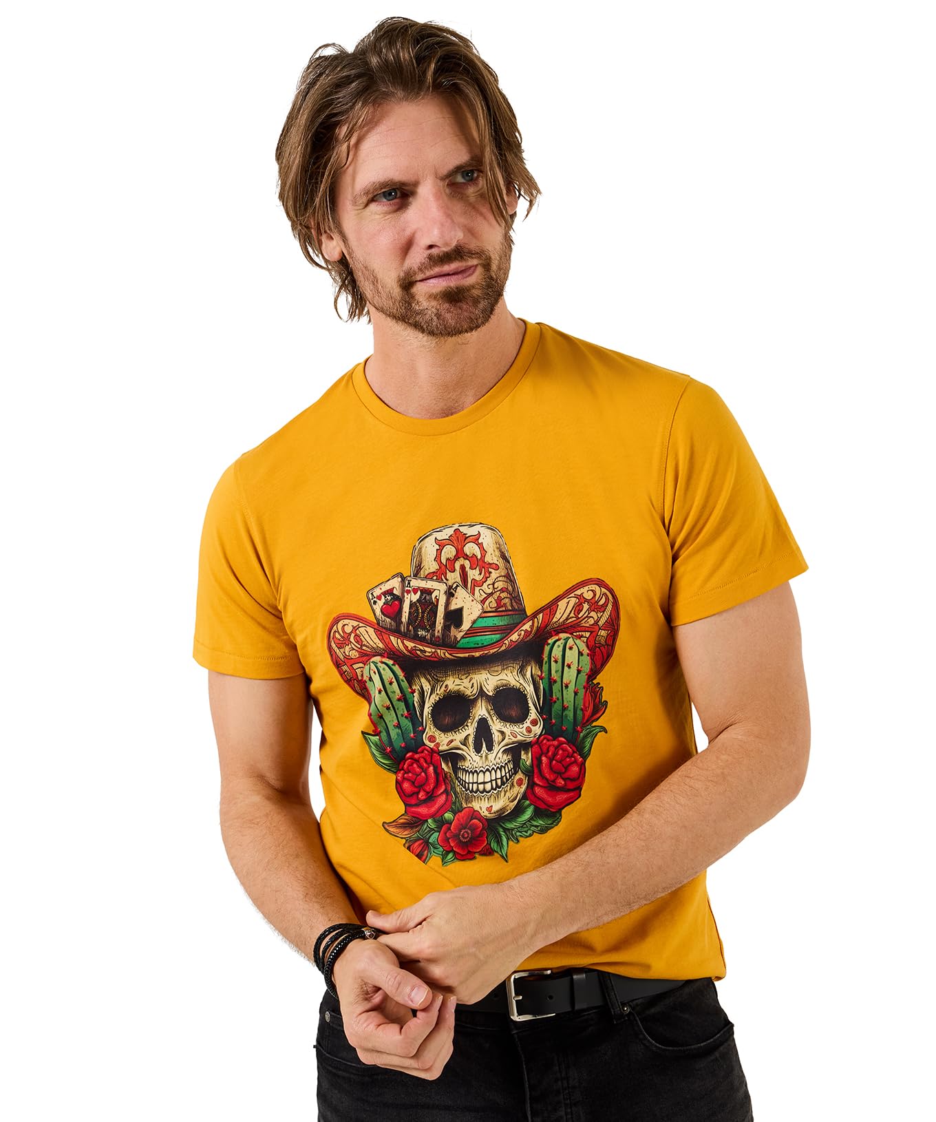 Joe Browns Men's Playing Card Skull Graphic Tee, Regular, Yellow, UK S
