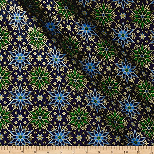 Quilting Treasures Miracle In Bethlehem Geo Poinsettias Gold Metallic/Navy Quilt Fabric by the Yard, Navy