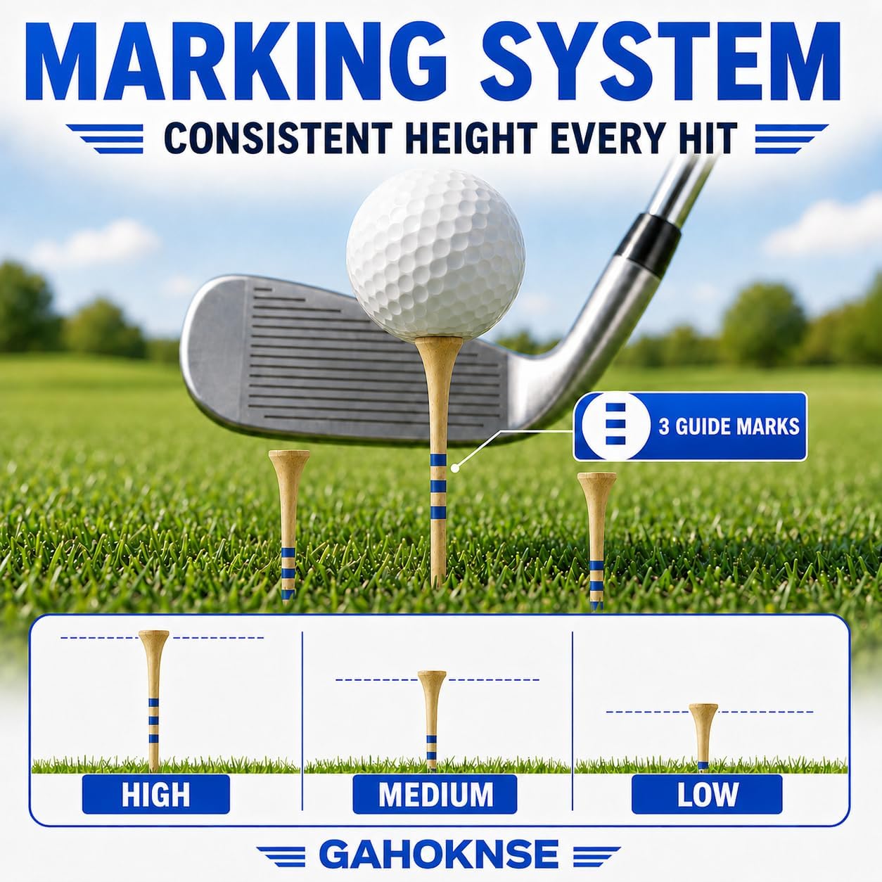 120Pcs Bamboo Golf Tees 3-1/4" — 3 Blue Alignment Rings Step-Up Tall Tees, Reduce Side Spin & Friction, Natural Wooden Golf Tees Stronger Than Plastic, Biodegradable Bulk Golf Tees