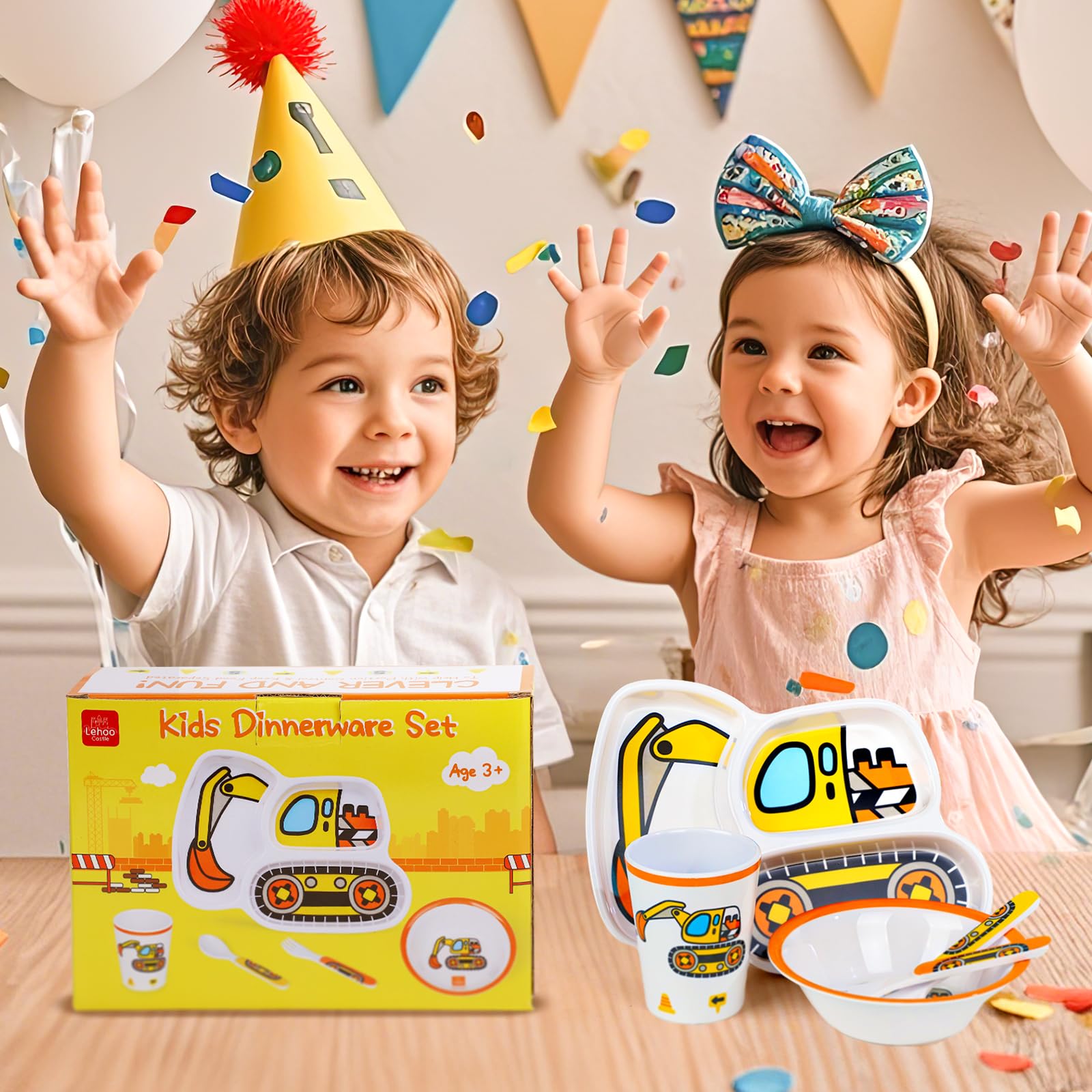 Lehoo Castle Kindergeschirr, 5-teiliges Kindergeschirr Set BPA-frei, Bagger Kinder 2 Jahre - Teller, Becher, Löffel, Gabeln, Schüsseln, Geschirr für Jungen und Mädchen