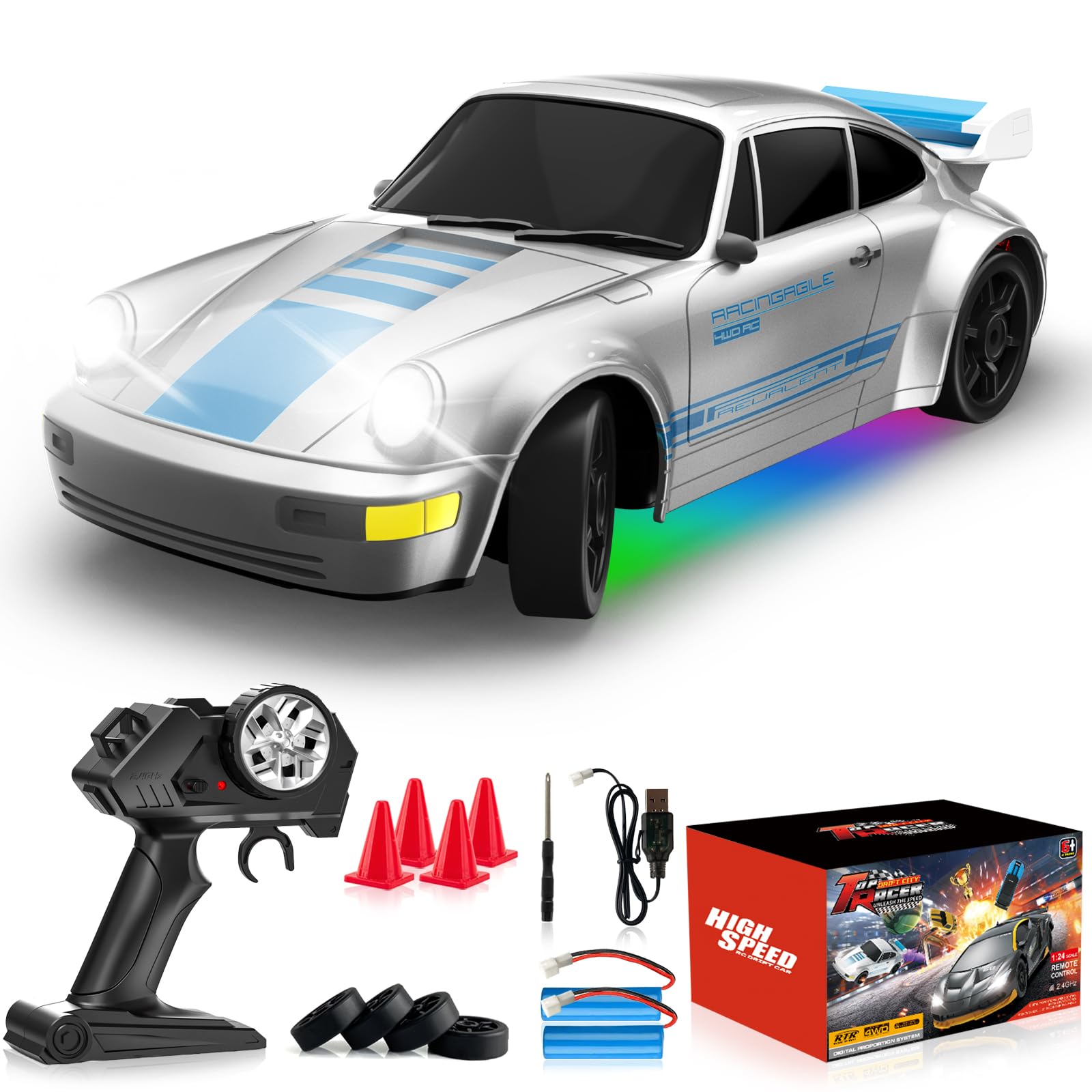 RC Drift Car Remote Control Car 2.4GHz 1/24 4WD 15KM/H High Speed Racing Sport with LED Lights Drifting Tire Racing Sport Toy for Adults Boys Girls Kids Gift 2Pcs Rechargeable Batteries
