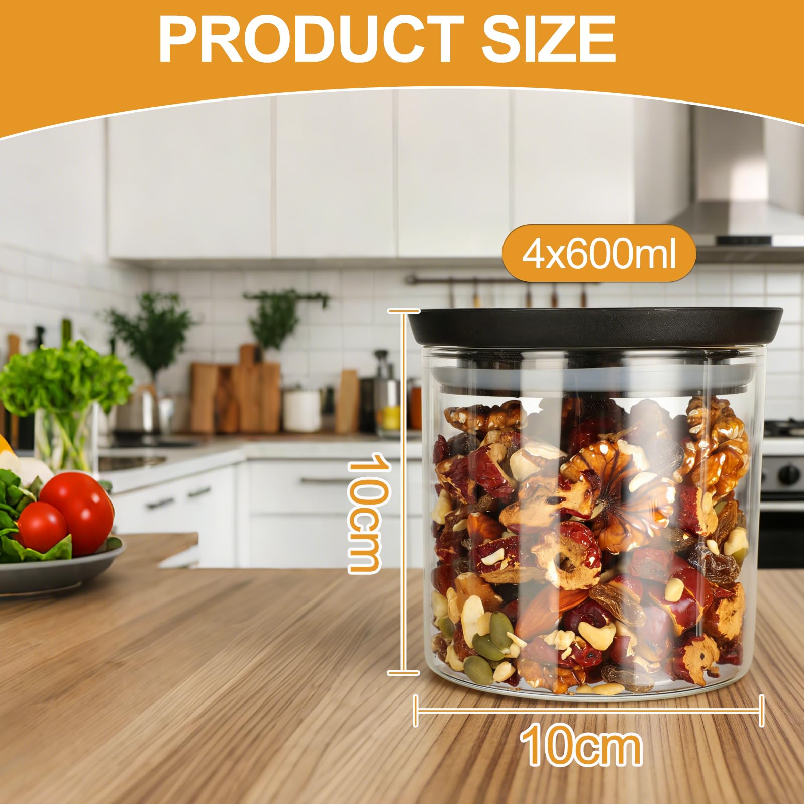 Romon Barattolo Vetro Con Coperchio, Set Di 4 (600ml Ciascuno), Trasparente impilabile, Contenitore Ermetico per Alimenti per conservare cereali, biscotti, pasta e caffè in grani