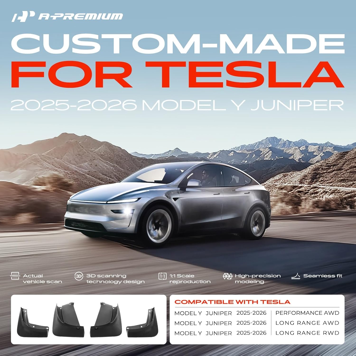 A-Premium Mud Flaps for Tesla Model Y Juniper 2025, No Drilling Required Mud Guards with Installation Kits, 4 Pack Front and Rear Vehicle Body Protection Accessories