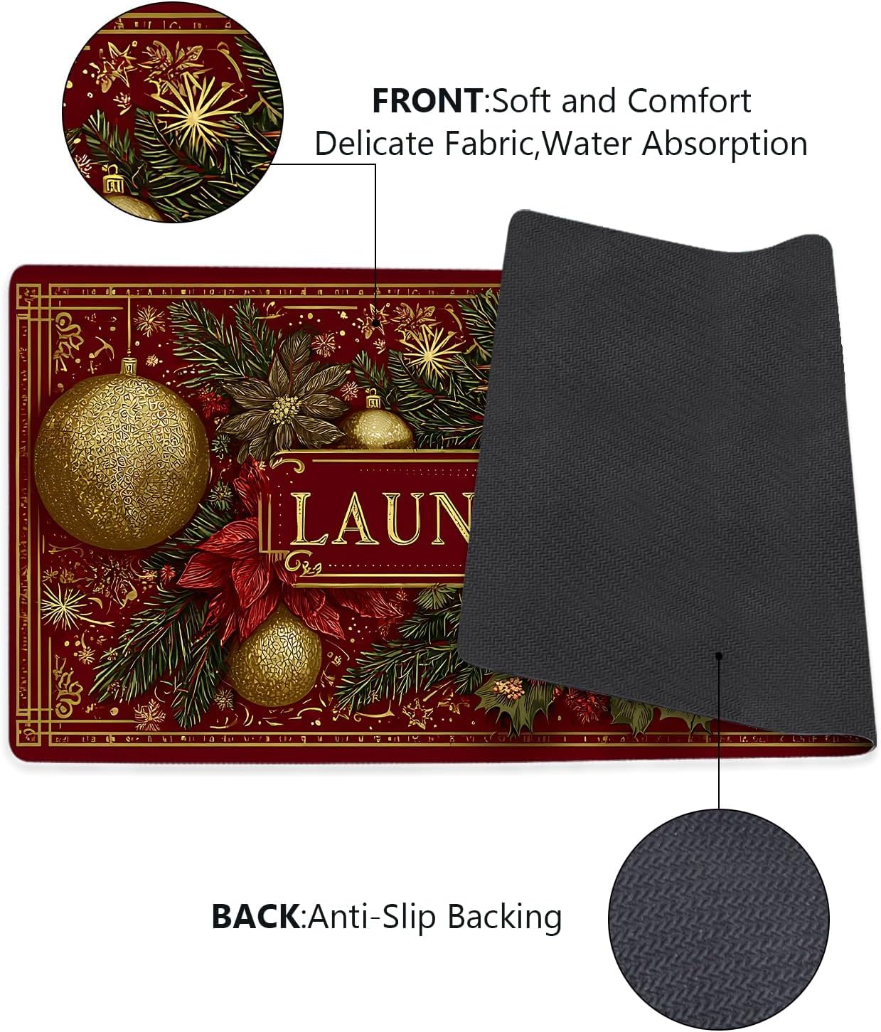 Laundry Room Rug Runner 47"x20"-Waterproof Non Slip Elegant Floor Runner, Luxury Gold Floral with Text for Master Bath Vanity Luxury Holiday Decor