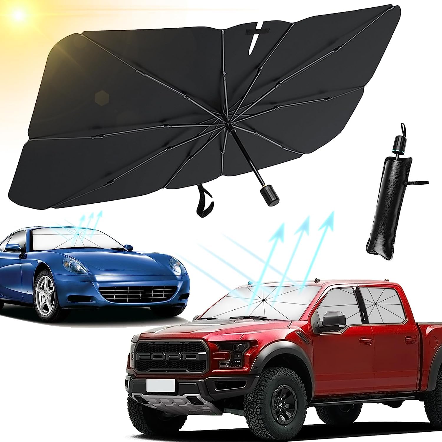 GDTOMEEU Car Windshield Sun Shade Umbrella, Foldable Car Sun Shade Windshield, Vehicle Cool, Fit Sedan SUV Pickup Truck Most Vehicles Car Window Shades Front Windshield (Upgrade Opening 120CM*65CM)