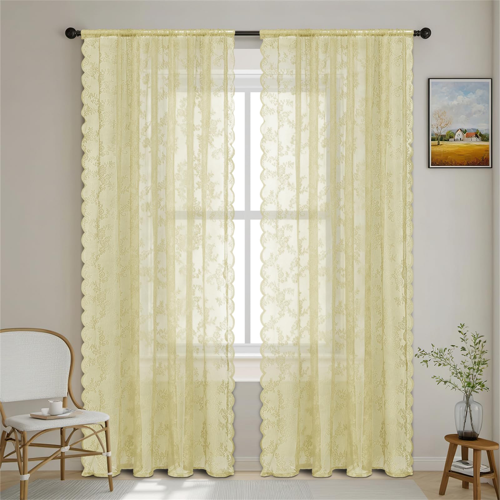 Surwin Curtains for Bedroom, Lace Solid Color 2 Panels Voile Curtain, Semi Transparent Sheer Curtains, Living Room Balcony Home Decorative Net Curtains for Windows (Light Yellow,100x200cm)