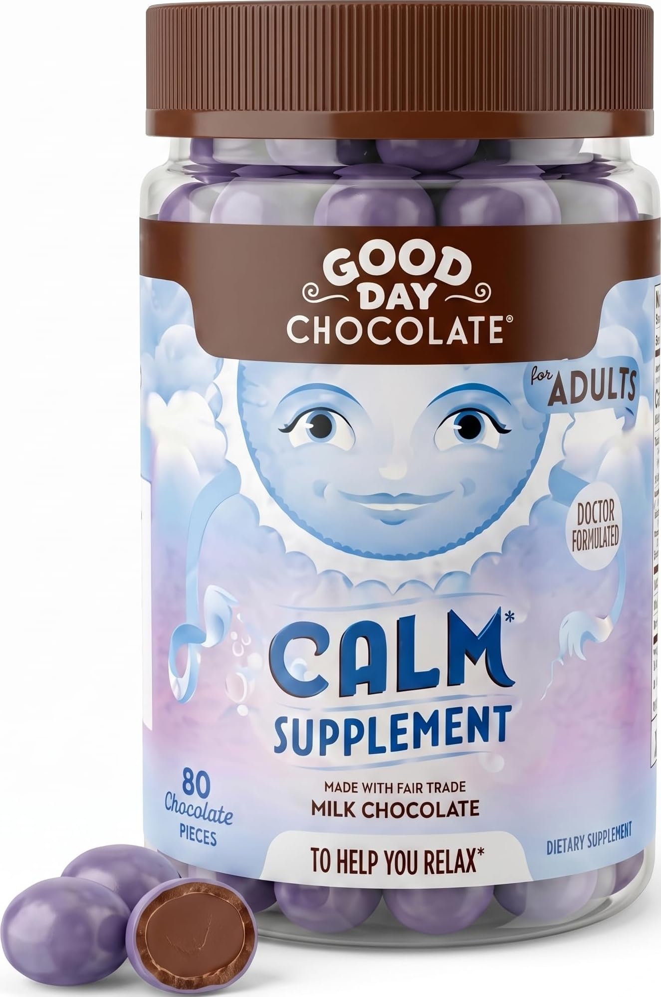 Good Day Chocolate Natural Calming Supplement for Adults, Blend of Camomile, Theanine, Magnesium, Fair Trade and Non-GMO Chocolate, 80 Pieces