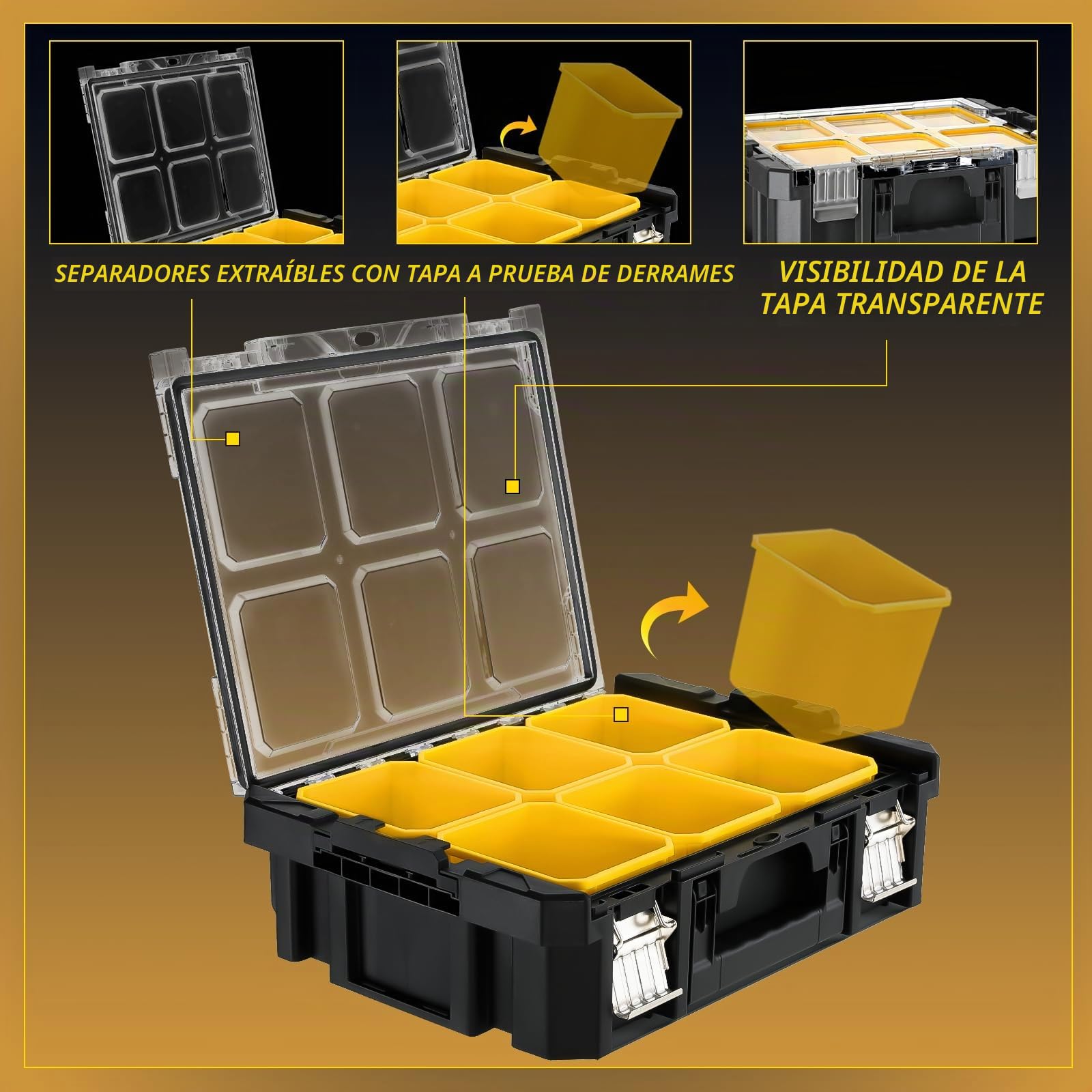 Caja de Herramienta 4 en 1, Carro Modular de Apilamiento con Ruedas, Cajones y Cierres de metal, Organizador de Taller para garaje y hogar, Carga 203kg, 44,5 x 35 x 52 cm