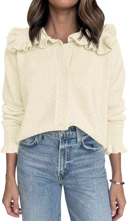 Saodimallsu Womens Ruffle Cropped Cardigan Button Down Lapel Collared Sweaters Long Sleeve Open Front Knit Jacket