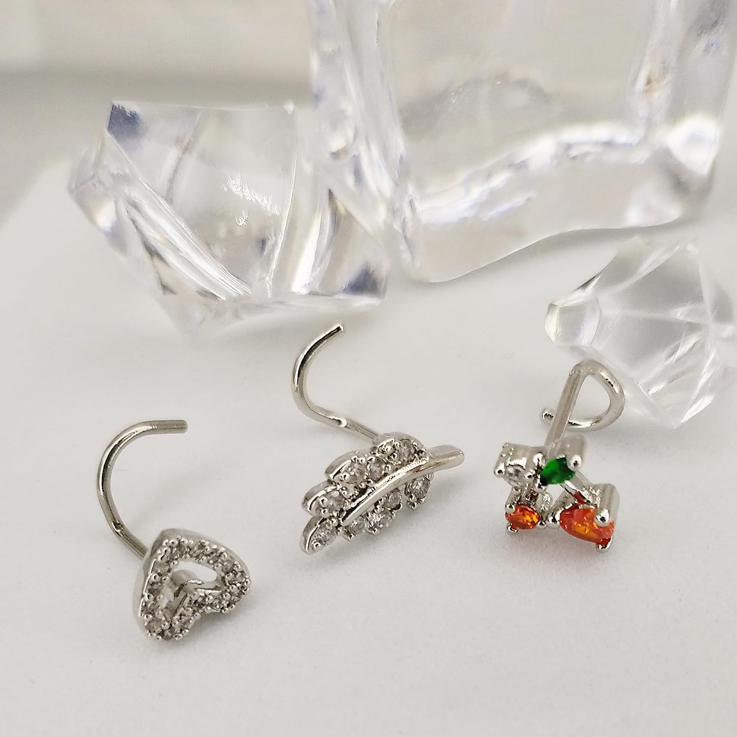 3 Pcs Nose Studs Nose Rings for Women 20G Heart Nose Ring Stainless Steel Cherry Nose Screw Nose Piercing Jewelry (SILVER)