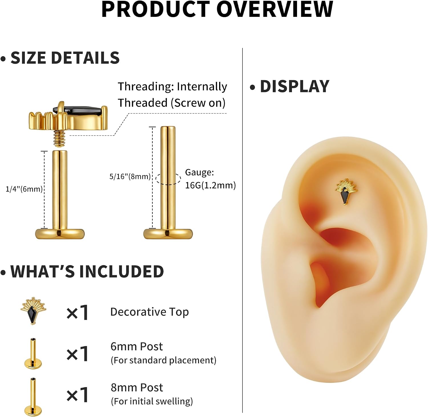 FINE4U Kite CZ Cartilage Earring for Helix Conch Flat Lobe 16G 6mm 8mm - ASTM F136 Titanium Flatback Rhombus Stud Piercing Jewelry, Nickel Free Body Jewelry