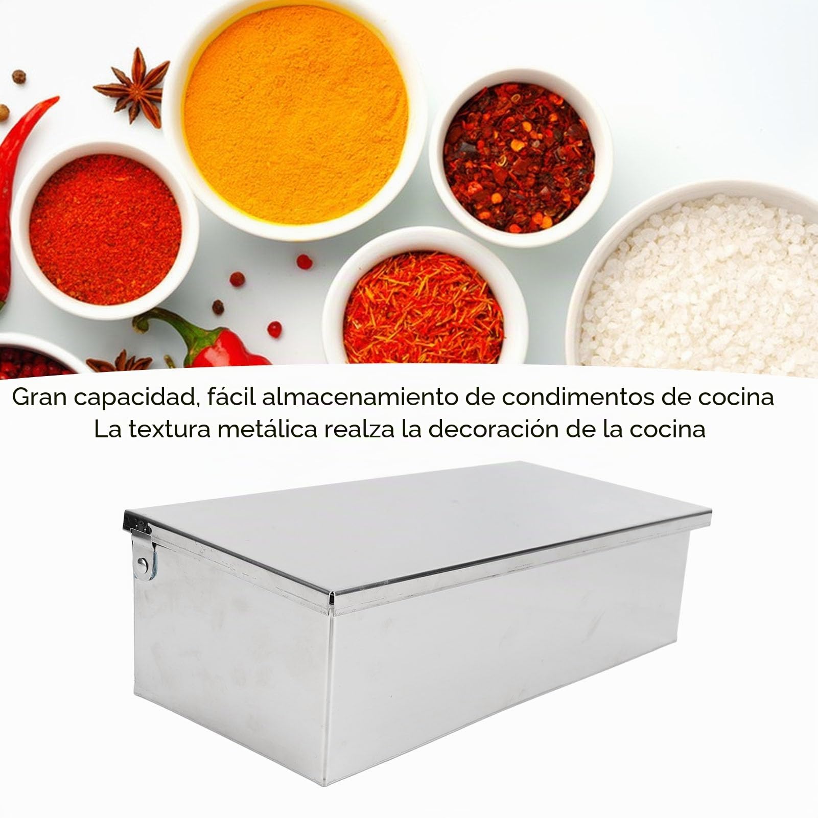 Caja de Condimentos de Acero Inoxidable con Tapa, 4 Compartimentos Rectangulares con Diseño de Tapa Volteable Caja Organizadora Portátil de Gran Capacidad para Condimentos
